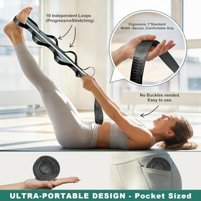 Acozycoo Stretching Strap with Loops,Non-Elastic Yoga Strap for Physical Therapy,Knee Replacement Recovery & Plantar Fasciitis,Leg Stretcher Band for Flexibility & Hamstring Rehab - color: Black