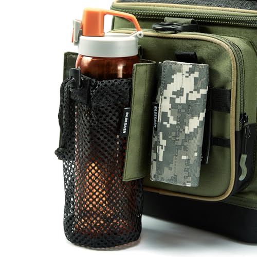 BASSDASH Tactical Molle Water Bottle Pouch with Carabiner Foldable Mesh Holder Bag for Travel Fishing Hunting Hiking Outdoor Activities - color: Army Green with Upgraded Molle Straps