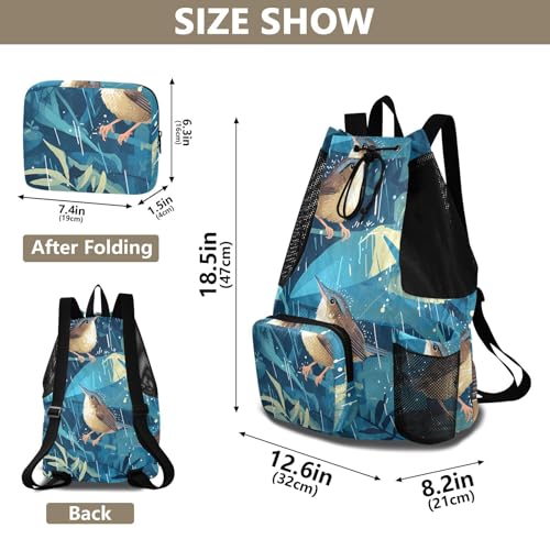 GuoChe Drawstring Backpacks Gym Swim Bag With Inside Pockets Pull String Bag Waterproof Cute Birds in Rain - color: Cute Birds in Rain