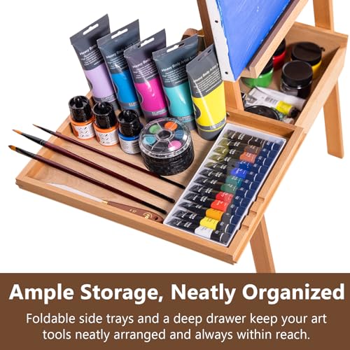 Wooden H-Frame Studio Easel with Storage Drawer and Palettes,Natural | Solid Beechwood Painting Easel for Students, Beginners, and Artists, Hold Canvas to 36Inches High - style: Side Trays Natural