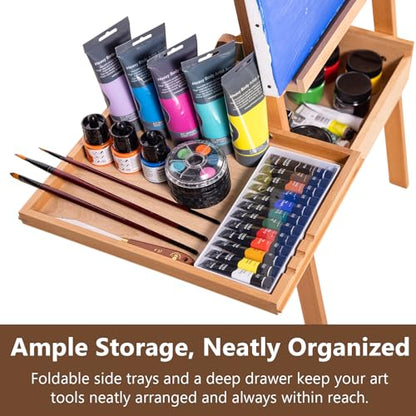 Wooden H-Frame Studio Easel with Storage Drawer and Palettes,Natural | Solid Beechwood Painting Easel for Students, Beginners, and Artists, Hold Canvas to 36Inches High - style: Side Trays Natural