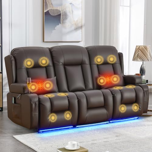 IPKIG Power Recliner Sofa with Flip-Up Backrest Console, USB & USB-C Ports, AC Outlet, LED Lights, Wall Hugger Recliners for Living Room, RV (Brown, 76.8" - 3 Seat) - color: Brown, size: 76.8" - 3 Seat