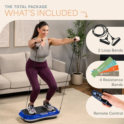Lifepro Waver Vibration Plate Exercise Machine with 99 Speeds & 10 Presets | Resistance Bands, Non-Slip Surface, 330 lbs Capacity — Vibration Plate for Lymphatic Drainage, Body Toning, Full-Body Workout - color: Blue