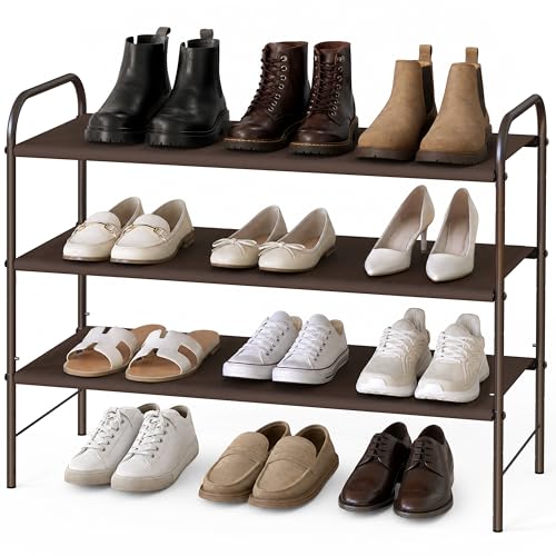 Simple Houseware 3-Tier Shoe Rack Storage Organizer, 9-16 Pairs, Bronze | Space-Saving Shoe Shelf with Sturdy Metal Frame and Non-Woven Fabric Shelves for Entryway, Garage & Corridor - color: Bronze, size: 3-Tier