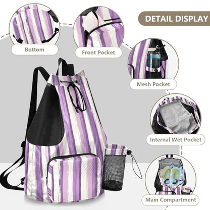 Drawstring Bags Climbing Gym Bag With Water Bottle Pocket String Bag Wet and Dry Separation Lavender Purple White Stripe Pattern Doodle Art