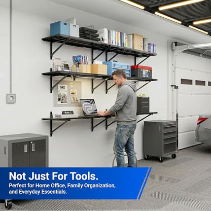 FLEXIMOUNTS 2-Pack 1x6ft Garage Shelving 14-inch-by-68-inch Perforated Wall Shelf, Heavy Duty Garage Storage Rack with 1400 lbs Load Capacity, Wall Mounted Organization System for Tools, Heavy Bins - size: 14" x 68"