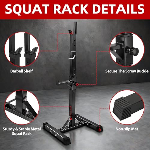 JupiterForce Adjustable Squat Rack Stands, Pair of Sturdy Steel Bench Press Rack, Barbell Rack, 40''-66'' 550lbs Max Load Portable Dumbbell Racks Stands for Home Gym, Black