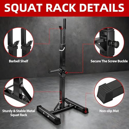 JupiterForce Adjustable Squat Rack Stands, Pair of Sturdy Steel Bench Press Rack, Barbell Rack, 40''-66'' 550lbs Max Load Portable Dumbbell Racks Stands for Home Gym, Black