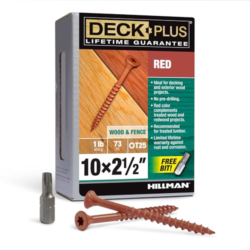 Deck Plus 2-1/2 Inch Epoxy Coated Exterior Wood and Fence Screws #10 x 2-1/2" Torx/Star Drive Included Coarse Thread, Outdoor Rust Resistant Decking Screw, Red, 1lb Box, 73 Pieces | 48429 - color: Red, size: #10 x 2-1/2", style: 73 pcs