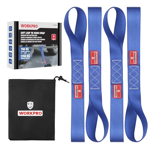 WORKPRO Soft Loop Tie Down Straps (4-Pack), 1.6" x 17", 5000 lbs Breaking Strength, Heavy Duty with Soft Loop Ends for Securing Motorcycles, ATVs, UTVs, Kayaks, Dirt Bikes - Blue