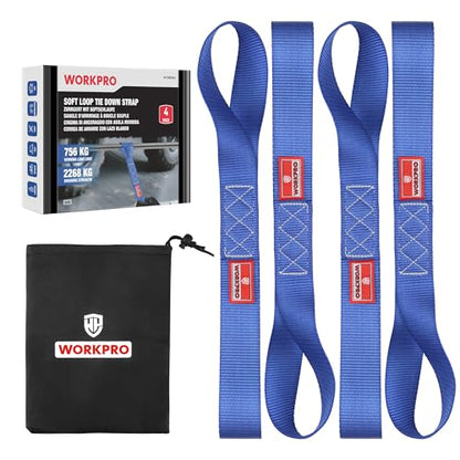 WORKPRO Soft Loop Tie Down Straps (4-Pack), 1.6" x 17", 5000 lbs Breaking Strength, Heavy Duty with Soft Loop Ends for Securing Motorcycles, ATVs, UTVs, Kayaks, Dirt Bikes - Blue
