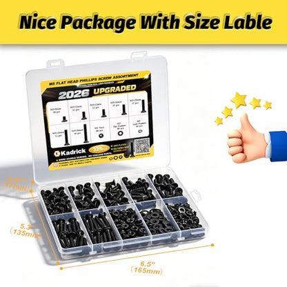 KADRICK 325Pcs M5 Countersunk Screws,M5 Flat Head Screws,Phillips Bolts Nuts Washers Assortment Kit,Zinc Plated,Lenth of 8MM-30MM - size: M5 325Pcs 8-30mm
