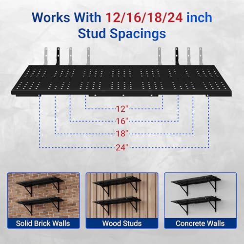 FLEXIMOUNTS 2-Pack 1x6ft Garage Shelving 14-inch-by-68-inch Perforated Wall Shelf, Heavy Duty Garage Storage Rack with 1400 lbs Load Capacity, Wall Mounted Organization System for Tools, Heavy Bins - size: 14" x 68"
