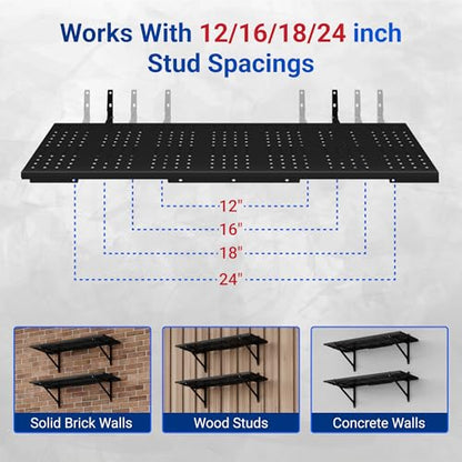 FLEXIMOUNTS 2-Pack 1x6ft Garage Shelving 14-inch-by-68-inch Perforated Wall Shelf, Heavy Duty Garage Storage Rack with 1400 lbs Load Capacity, Wall Mounted Organization System for Tools, Heavy Bins - size: 14" x 68"