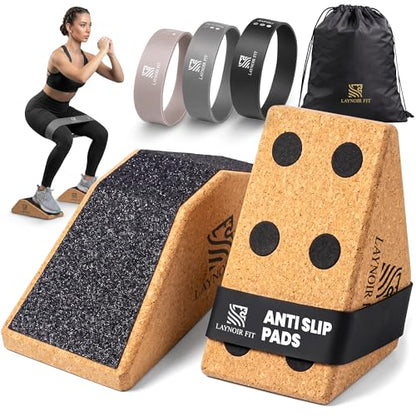 Anti-Slip Squat Wedge Block (2-Pack) – Heel Elevated Squats, 20° & 40° Cork Wedges for Weightlifting, Mobility & Knee Support – Includes Resistance Bands & Carry Bag