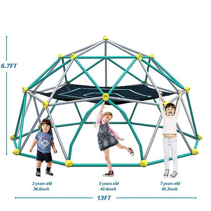 Merax 13FT Climbing Dome with Hammock, Outdoor Geometric Dome Climber | Playground Climber for Kids 3-10 Supporting 1000 lbs, Easy Assembly Play Center Jungle Gym - style: 13FT Green & Silver