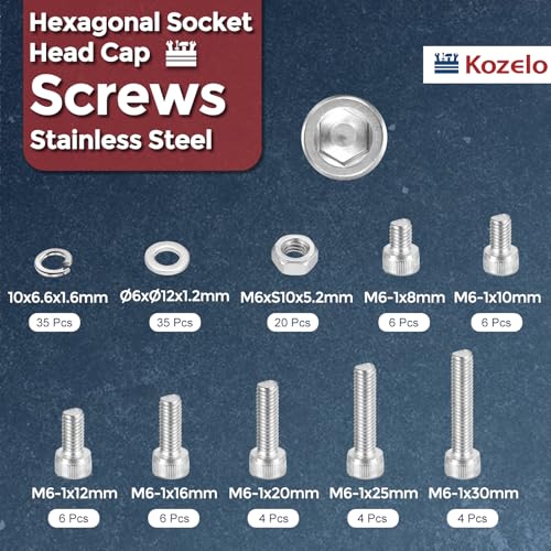 126pcs M6 Socket Head Cap Screws Bolts Nuts Assortment Kit - [M6x8/10/12/16/20/25/30mm] 304 Stainless Steel Allen Socket Drive for 3D Printer - size: M6x8/10/12/16/20/25/30mm