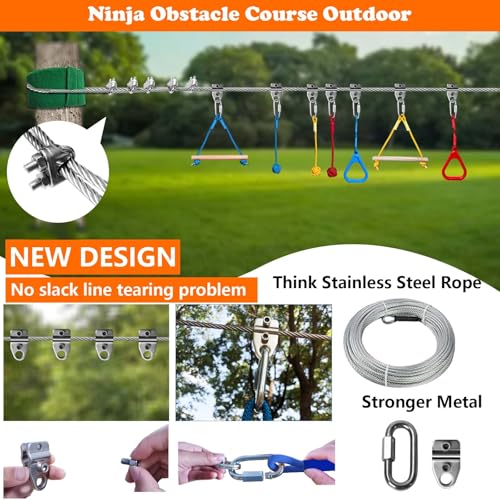 Ninja Warrior Obstacle Course for Kids Backyard Outdoor, 55ft Stainless Steel Main Cable, No Sagging, No Fraying, Weatherproof, 11 Pcs Training Accessories, Monkey Bar, Climbing Net, Swing - size: 55FT 11Pcs