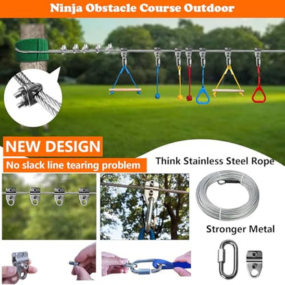 Ninja Warrior Obstacle Course for Kids Backyard Outdoor, 55ft Stainless Steel Main Cable, No Sagging, No Fraying, Weatherproof, 11 Pcs Training Accessories, Monkey Bar, Climbing Net, Swing - size: 55FT 11Pcs