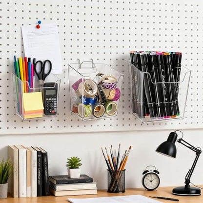 Coloch 6 Pack Clear Pegboard Cups with Hooks, Plastic Peg Board Bins Pegboard Organizer Accessories Wide Mouth Storage Box for Garage, Workbench, Craft Room, Office Organization, 3 Sizes