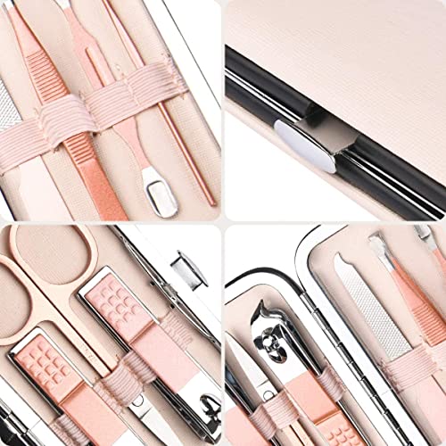 AOMIG Nail Clippers Set, 7 pcs Professional Portable Manicure Kit, Eyebrow Grooming Face Hair Clippers, Stainless Steel Nail Care Tools with Luxurious Leather Case for Travel & Home - color: Pink