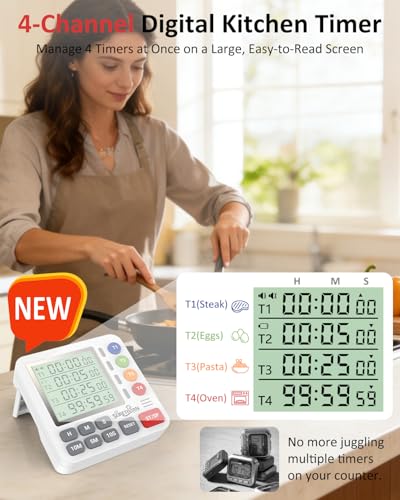Digital Kitchen Timer with 4 Channel, Loud Alarm and Silent Mode | Magnetic Cooking Timer with Count Up & Countdown for Kids and Seniors, Large Display to Read, Auto Memory, Battery Included - color: White