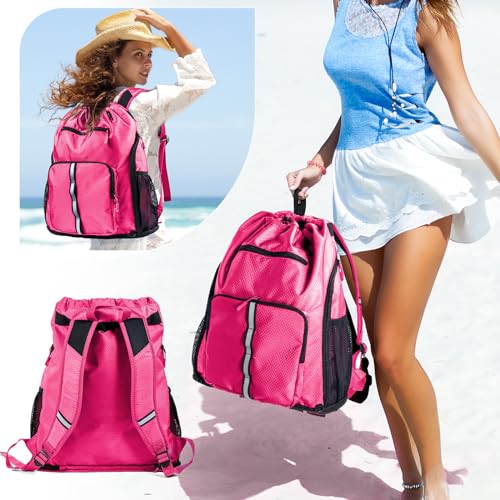 Large Beach Backpack Waterproof Sandproof - Customized Oversized Drawstring Pool Bag with Shoe Compartment for Toiletries, Towels, Gym, Travel - color: Pink, size: Large