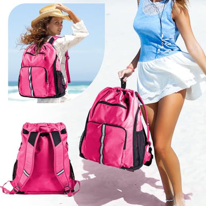 Large Beach Backpack Waterproof Sandproof - Customized Oversized Drawstring Pool Bag with Shoe Compartment for Toiletries, Towels, Gym, Travel - color: Pink, size: Large
