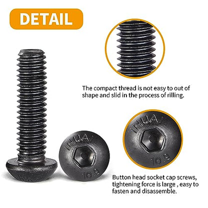 M3-0.5 x 40mm Button Head Socket Cap Bolts Screws, 10.9 Grade Alloy Steel, Black Oxide Finish, Machine Thread, Allen Socket Drive, Quantity 50