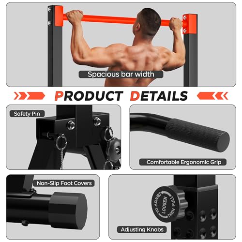 DlandHome Foldable Power Tower Pull Up Bar Dip Station, Adjustable Height Multifunction Workout Pull Up Tower Station for Home Gym, Strength Training Equipment, Triangular Legs, Up to 330lbs - color: Red