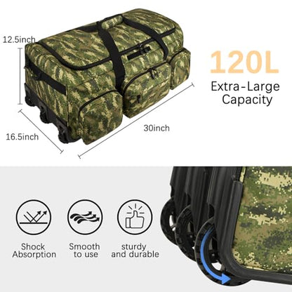 120L 3 Wheel Tactical Rolling Duffle Bag, Heavy Duty Military Deployment Luggage, 900D Waterproof Duffel for Camping Travel Outdoor Sports - color: Camo Light Green