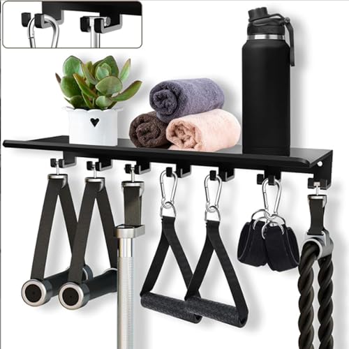 Luocute Gym Equipment Storage Rack, Wall Mounted Floating Shelf Organizer with 7 Hooks, for Workout Gear Resistance Bands Jump Ropes Lifting Belts