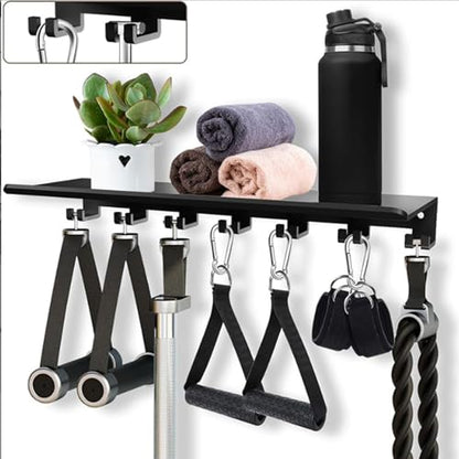 Luocute Gym Equipment Storage Rack, Wall Mounted Floating Shelf Organizer with 7 Hooks, for Workout Gear Resistance Bands Jump Ropes Lifting Belts