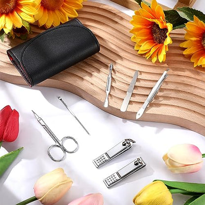 12 Set Manicure Set Bulk Mini Manicure Nail Clipper Kit 7 in 1 Stainless Steel Professional Nail Care Pedicure with Travel Portable Bag Grooming Kits for Women Men Home(Black) - color: Black