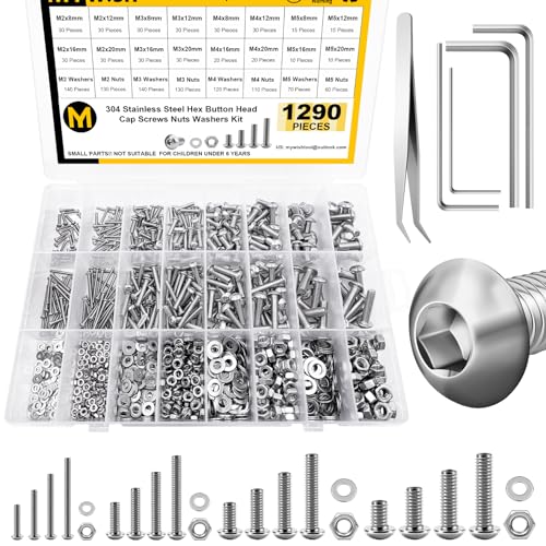 Mywish 1290 Pieces M2 M3 M4 M5 Screw Nuts and Bolts Assortment Kit, Metric Screws 304 Stainless Steel Button Head Socket Cap Metric Screw Assortment with Flat Washers/Nuts/Hex Wrenches 16 Sizes - color: SIiver, size: 1290Pcs M2 M3 M4 M5