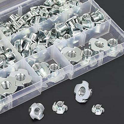 HELIFOUNER 120 Pieces M3 M4 M5 M6 M8 T Nuts Four Claw Nuts Assortment Kit for Wood, Rock Climbing Holds, Cabinetry
