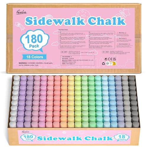 feela 180 Pack Sidewalk Chalk, Sidewalk Chalk Set For Kids Jumbo Chalk Bulk, Great for Kids Family, Paint on Sidewalk Wall School Driveway Blackboard Street Playground, 18 Colors - color: 168 18 Colors X10