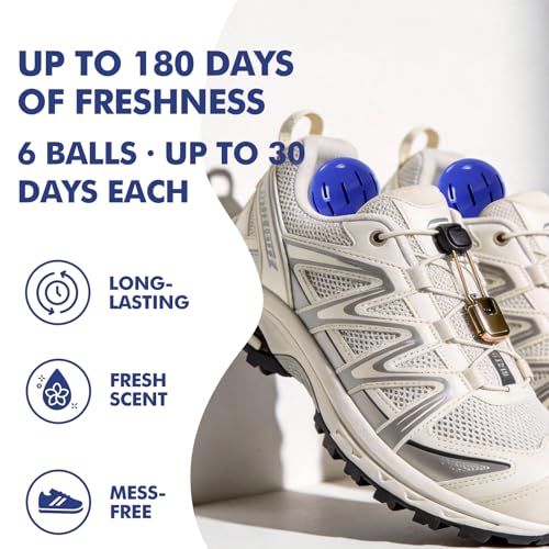 Sneaker Deodorizer Shoe Freshener Balls 6 Pack Fresh Scent, Small Spaces Odor Eliminator for Gym Bags, Cars and Lockers, Long-Lasting Odor Control, No Twist Just Drop In