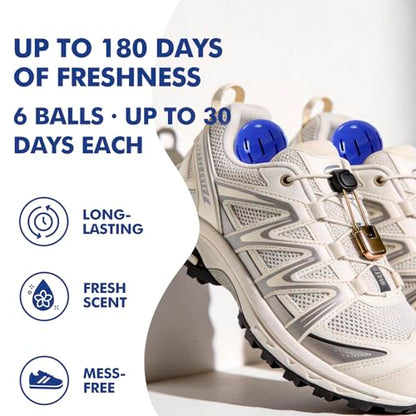 Sneaker Deodorizer Shoe Freshener Balls 6 Pack Fresh Scent, Small Spaces Odor Eliminator for Gym Bags, Cars and Lockers, Long-Lasting Odor Control, No Twist Just Drop In