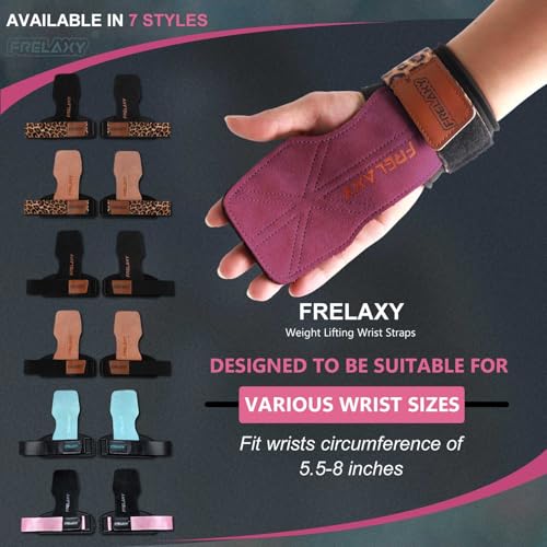 Frelaxy Lifting Wrist Straps for Women and Men, Weight Lifting Grips | Double-layer leather, Cushioned wrist support, Durable construction, Storage pouch, Deadlifts, rows, lat pulldowns - color: Purple/Leopard