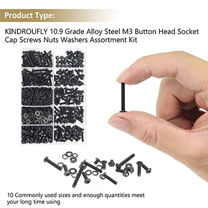 562 Pieces Black M3 x 5/6 /8/10 /12/16 /20mm Button Head Socket Cap Screws Nuts Washers Assortment Kit, 10.9 Grade Alloy Steel - size: M3, style: Button Head