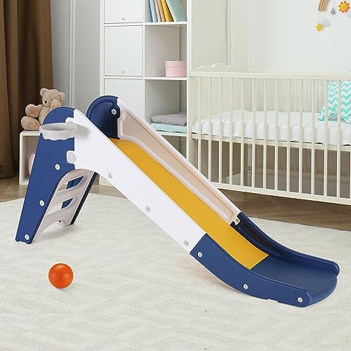 Toddler Indoor Slide, Foldable Baby Climber Playset with Basketball & Hoop | 63 in Extra Long Slope, Non-Slip Steps, Sturdy Plastic, Outdoor Playground for Backyard, Home & Playroom Use, Dark Blue - color: Dark Blue