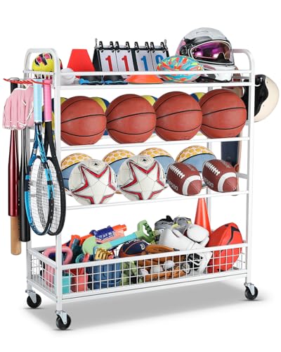 EXTCCT Garage Sports Equipment Organizer - Rolling Ball Storage Bin with Wheels, Garage Sports Gear Rack Outdoor Basketball Racks for Balls with Baseball Bat Holder and Hooks, Toy Organizer(White) - color: White