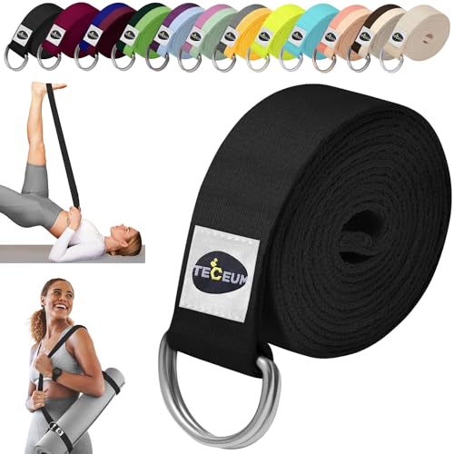 TECEUM 2 IN 1 Yoga & Mat Strap for Stretching – Cotton – 6/8/10 ft | Adjustable Non-Slip Belt in 30+ Colors for Yoga, Pilates, Physical Therapy, Fitness, Home Workouts and Carrying Mats - color: Black, size: 10 ft