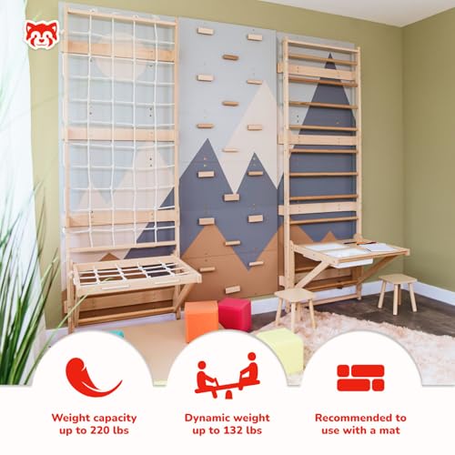 WoodandHearts 5in1 Modular Swedish Wall Gym Set for Kids Sensory Development – Swedish Ladder with Adjustable Pull-Up Bar, Rope Climbing Wall & Rock Climbing Panels (Base Set+Sorter Desk+Sit-Up Bar) - style: Base Set + 2-in-1 Sorter Desk + Sit-Up Bar