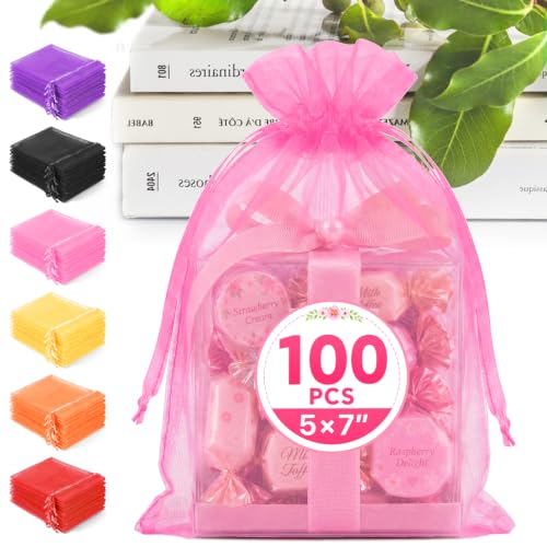 ANZNKU 100PCS Organza Bags 5x7 Pink Small Gift Mesh Drawstring Goodie Bag | Party Favor Goody Gift Bag Pouch for Jewelry Candy Treat Soap Sachet, Use for Wedding Birthday Baby Shower Graduation - color: Pink-5"x7"