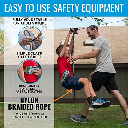 Zip Line Kit for Kids and Adults, 100/120/150/200 ft, Up to 350 Lbs, Removable Trolley, Rustproof Stainless Steel, Quick Setup with Ratchet, Safety Harness, Backyard Adventure Fun W/Climbing Holds - size: 200' Zipline Kit