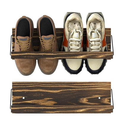 Nisorpa 20 Inches Wall Mounted Shoe Rack, Rustic Burnt Wood Wall Shoe Rack Mounted Slim, and Small Space Saving Shoe Storage Solution for Shoes in Narrow Spaces, Entryways, or Hallways, 2 Pack - size: 20 inch
