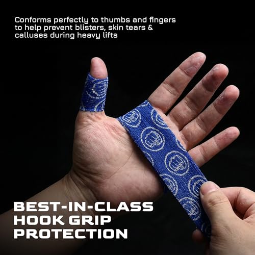 Weightlifting Hook Grip Tape 23ft Roll – 100% Elastic Sweat & Chalk Proof Thumb Tape for Crossfit, Gym, Weightlifting, Pull Ups, Gymnastics, Rowing & Multi-Sport Grip Protection - 6 Pack (Blue)