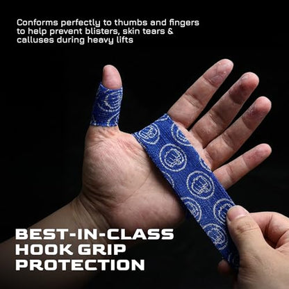Weightlifting Hook Grip Tape 23ft Roll – 100% Elastic Sweat & Chalk Proof Thumb Tape for Crossfit, Gym, Weightlifting, Pull Ups, Gymnastics, Rowing & Multi-Sport Grip Protection - 6 Pack (Blue)